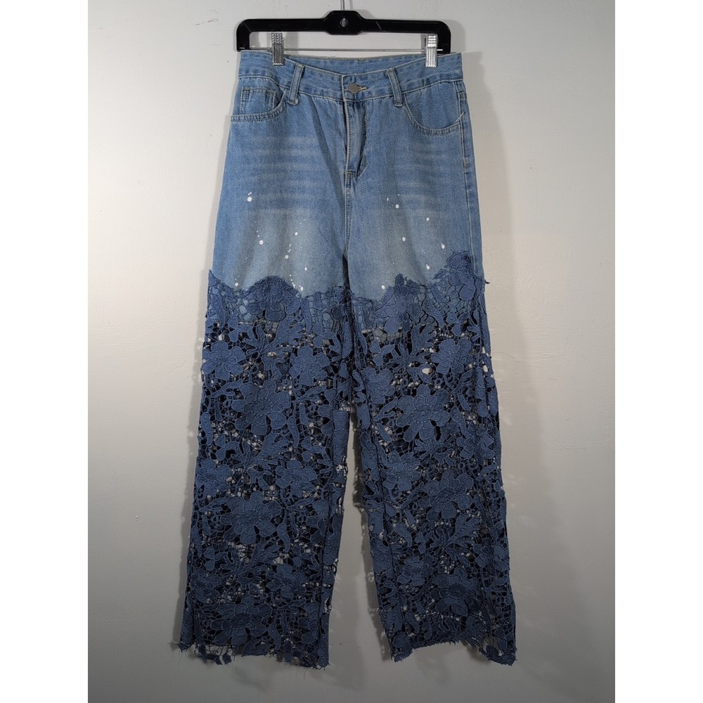 Upcycled Women's high waisted hollow lace patchwork loose wide leg jeans‎ Medium